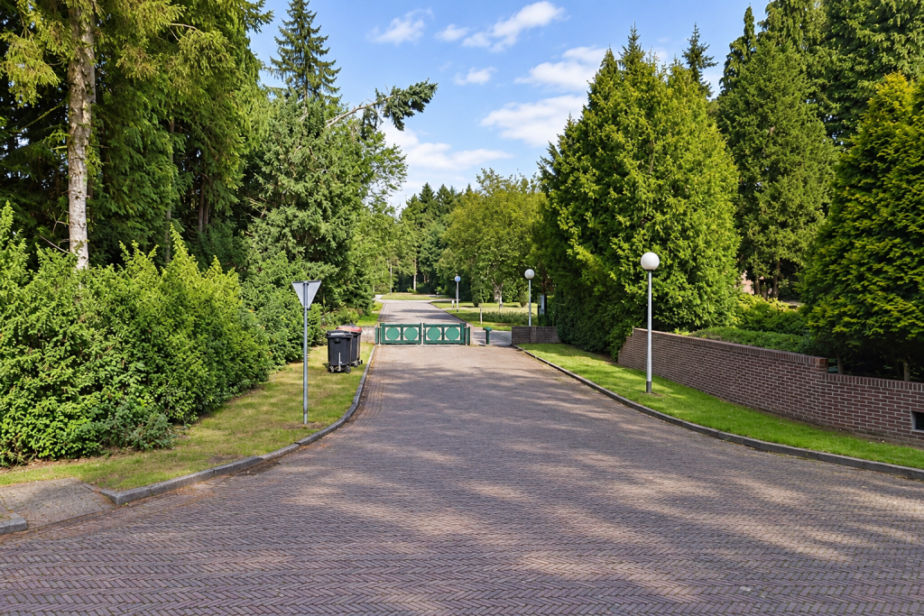 Toegangsweg van Begraafplaats De Wolfsbergen in Emmen, omringd door hoge groene bomen en struiken in een rustige, bosrijke omgeving.