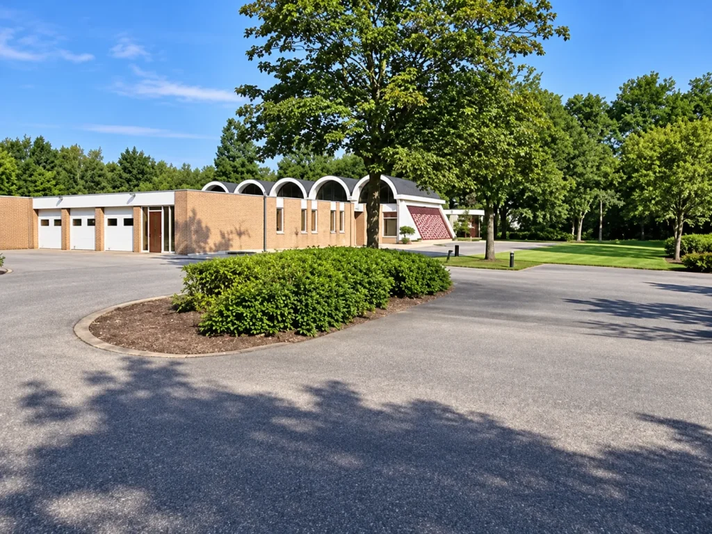 Buitenaanzicht van een uitvaartgebouw met een lichte bakstenen gevel, opvallende gebogen dakconstructies, een ruime toegangsweg en groene bomen rondom het gebouw.