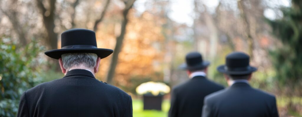 Joodse uitvaart met mannen in traditionele kleding op een begraafplaats