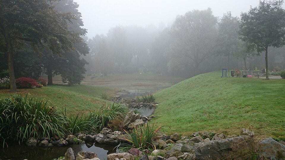Vijverpartij op Begraafplaats Hoflaan in Zoetermeer, groen park met water in de mist