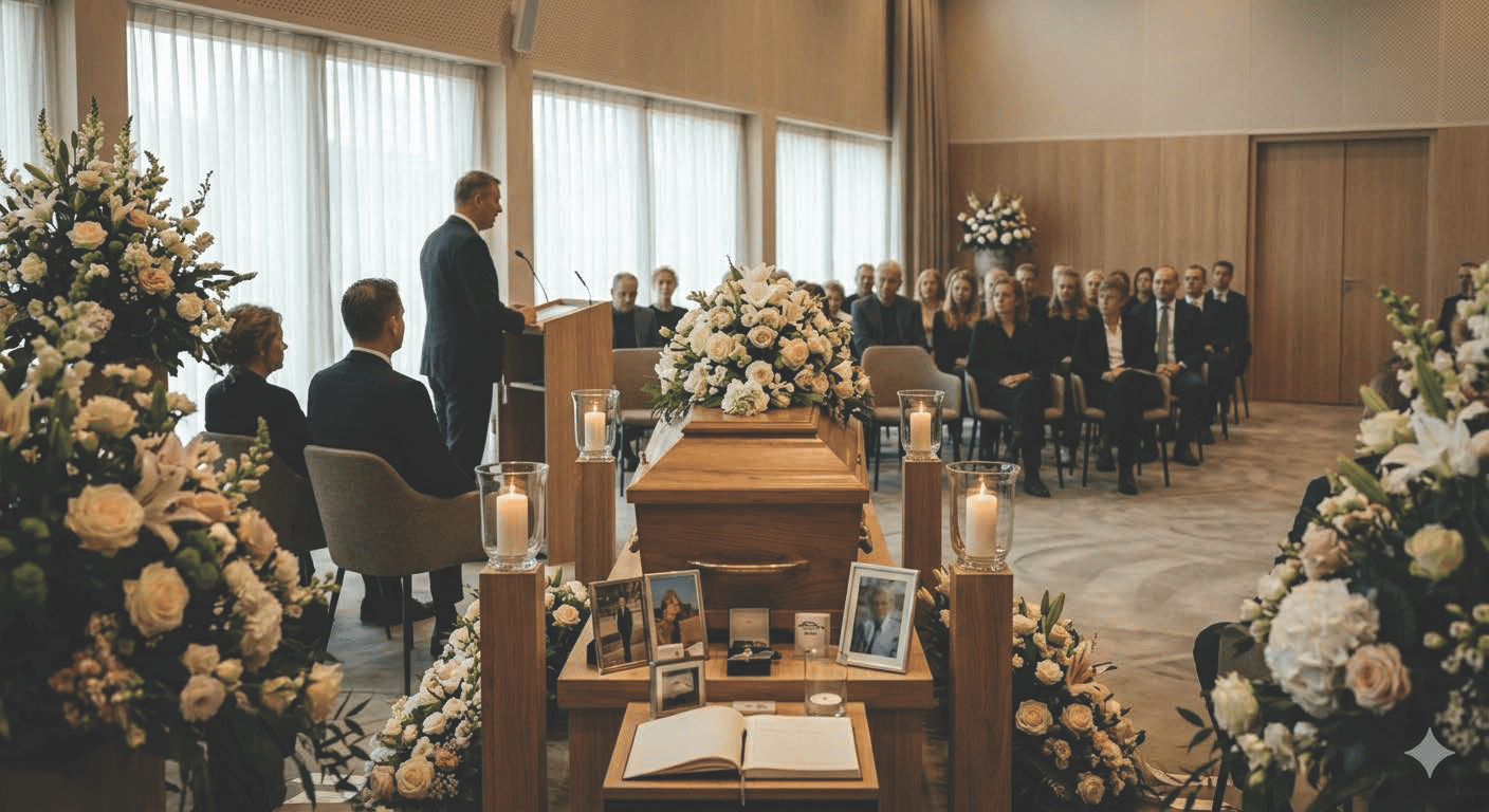 Sobere uitvaart in Zaandam. Kleine ruimte, simpele kist, uitvaart