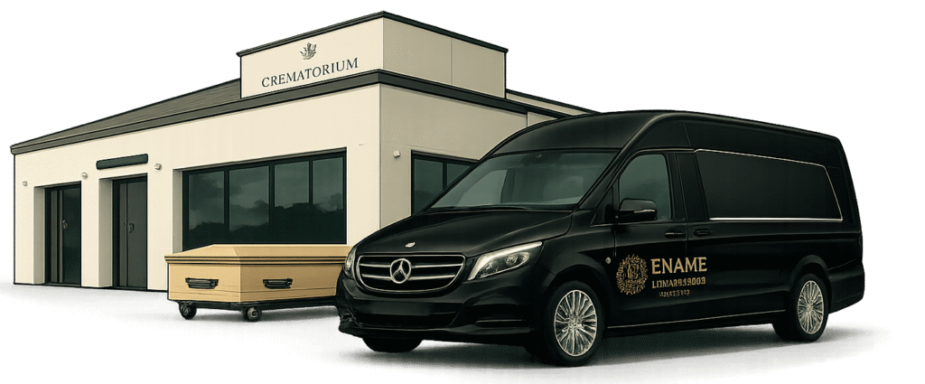Zwarte Mercedes‑rouwauto van Ename Uitvaartzorg voor modern crematorium met lichte kist – professionele en respectvolle uitvaartverzorging.