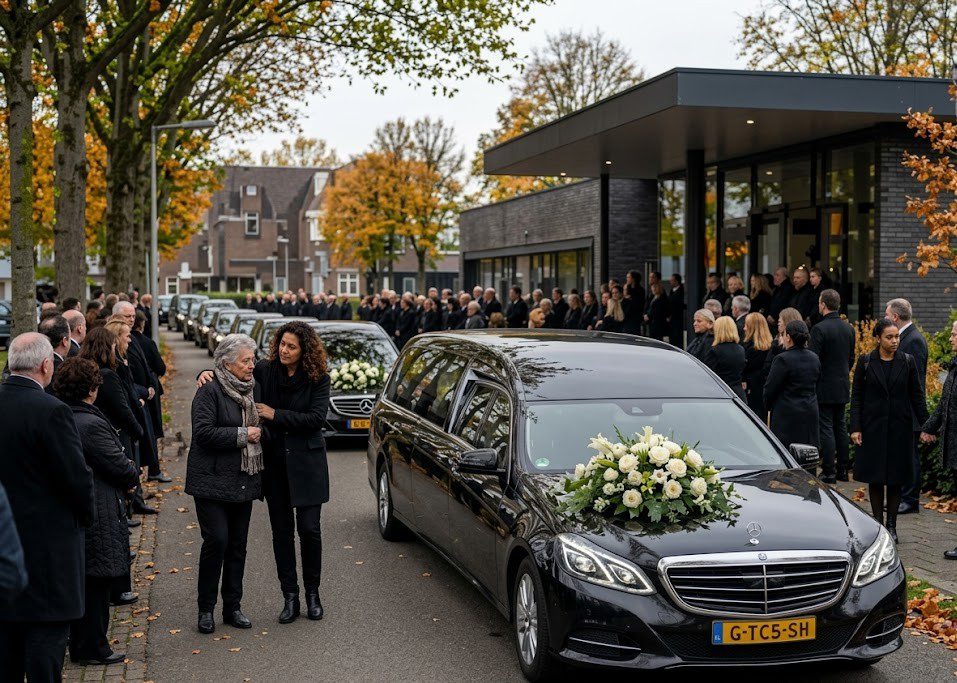 Grote uitvaart in Zaandam. Een realistische herfstscène van een uitvaartplechtigheid bij een modern crematorium. Vooraan staat een zwarte Mercedes-begrafenisauto met witte bloemen op de motorkap. Links lopen twee vrouwen troostend arm in arm. Een diverse groep rouwenden van verschillende achtergronden en leeftijden staat ingetogen in het zwart gekleed langs de weg en bij de ingang, met op de achtergrond een rustige straat en herfstbomen.