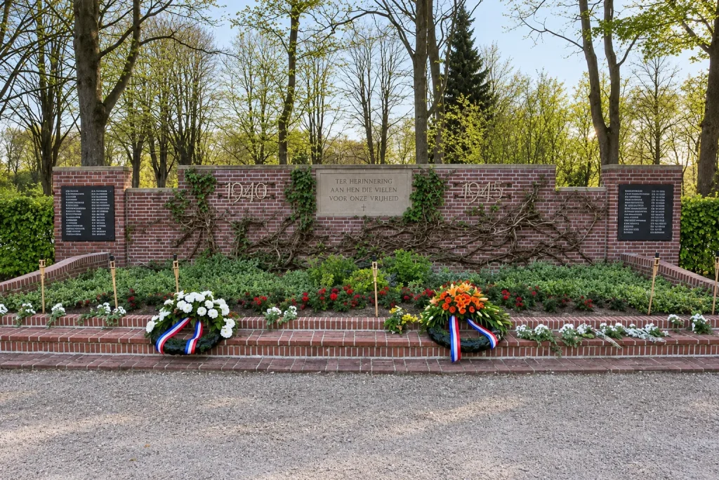 Oorlogsmonument op de begraafplaats in Roden, met een historische herdenkingsmuur, gedenkplaten en bloemkransen met rood-wit-blauwe linten ter nagedachtenis aan oorlogsslachtoffers.