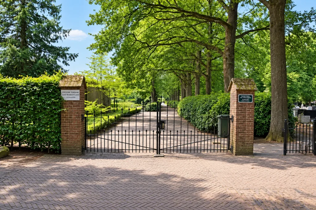 Entree van Begraafplaats Dalen in de gemeente Coevorden, met een zwart ijzeren toegangshek, bakstenen pilaren en een groene bomenlaan in een rustige omgeving.
