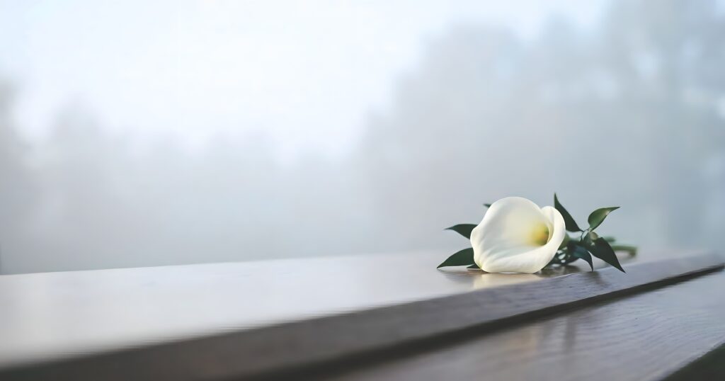 Grafkist met een witte bloem erop tijdens een begrafenis.