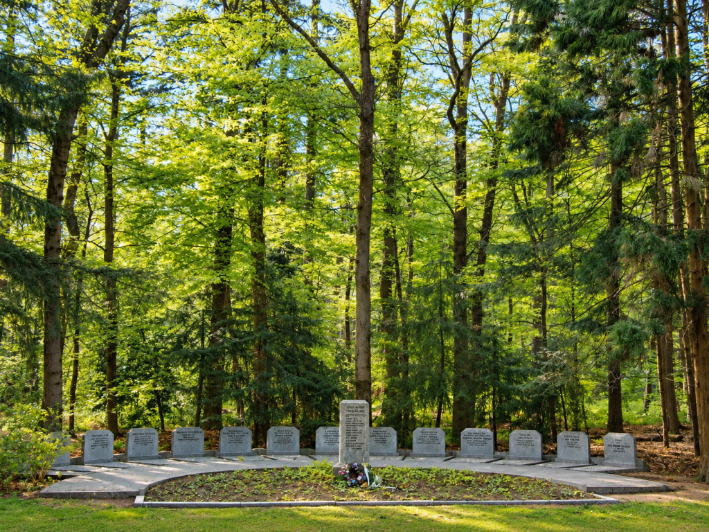 Monument op de Zuiderbegraafplaats in Assen, omringd door groene bomen, met gedenkstenen en bloemen op een rustige plek in het bos.