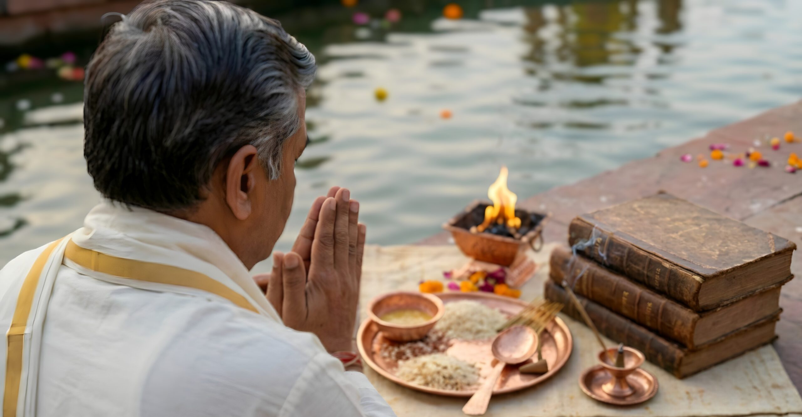 Hindoestaanse uitvaart in Amsterdam met een pandit die gebeden uitvoert naast rituele materialen en offergaven aan het water