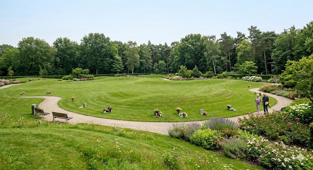 Verstrooiveld van Crematorium Zaanstad van 60x60 meter met glooiende vormen, bloemen en vrije toegang achter het crematorium.